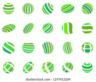 Abstract globe stripes sphere, 3d style striped globe icon effect. Green ball logo in white background. Organic earth logo shape. Vector illustration. It can use as logo, icon, banner, business card.