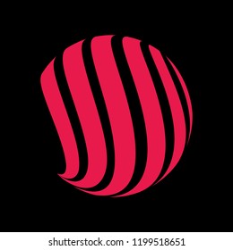 Abstract globe stripes sphere, 3d style striped globe icon effect. Red ball logo in dark background. Color earth logo shape. Vector illustration. It can use as logo, icon, banner, business card.