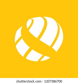 Abstract globe stripes sphere, 3d style striped globe icon effect. White ball logo in yellow background. Color earth logo shape. Vector illustration. It can use as logo, icon, banner, business card.