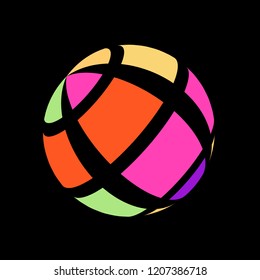 Abstract globe stripes sphere, 3d style striped globe icon effect. Colorful ball logo in dark background. Rainbow in earth shape. Vector illustration. It can use as logo, icon, banner, business card.