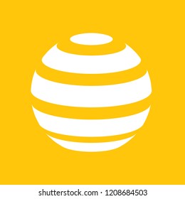 Abstract globe stripes sphere, 3d style striped globe icon effect. White ball logo in yellow background. Color earth logo shape. Vector illustration. It can use as logo, icon, banner, business card.