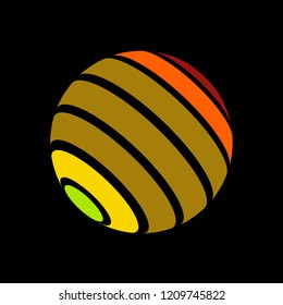 Abstract globe stripes sphere, 3d style striped globe icon effect. Colorful ball logo in dark background. Rainbow in earth shape. Vector illustration. It can use as logo, icon, banner, business card.