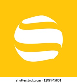 Abstract globe stripes sphere, 3d style striped globe icon effect. White ball logo in yellow background. Color earth logo shape. Vector illustration. It can use as logo, icon, banner, business card.
