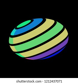 Abstract globe stripes sphere, 3d style striped globe icon effect. Colorful ball logo in dark background. Rainbow in earth shape. Vector illustration. It can use as logo, icon, banner, business card.