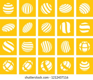 Abstract globe stripes sphere, 3d style striped globe icon effect. White ball logo in yellow background. Color earth logo shape. Vector illustration. It can use as logo, icon, banner, business card.