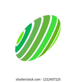 Abstract globe stripes sphere, 3d style striped globe icon effect. Green ball logo in white background. Organic earth logo shape. Vector illustration. It can use as logo, icon, banner, business card.