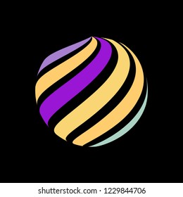 Abstract globe stripes sphere, 3d style striped globe icon effect. Colorful ball logo in dark background. Rainbow in earth shape. Vector illustration. It can use as logo, icon, banner, business card.