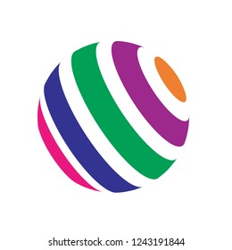 Abstract globe stripes sphere, 3d style striped globe icon effect. Colorful lines in dark background. Rainbow earth shape. Vector illustration. It can use as logo, icon, banner, business card.