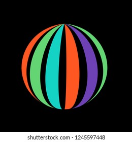 Abstract globe stripes sphere, 3d style striped globe icon effect. Colorful ball logo in dark background. Rainbow in earth shape. Vector illustration. It can use as logo, icon, banner, business card.
