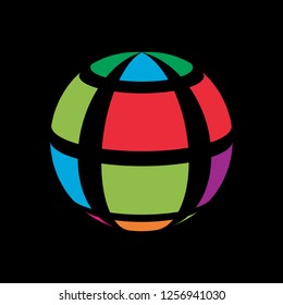 Abstract globe stripes sphere, 3d style striped globe icon effect. Colorful ball logo in dark background. Rainbow in earth shape. Vector illustration. It can use as logo, icon, banner, business card.