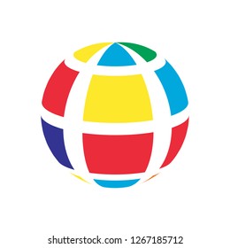 Abstract globe stripes sphere, 3d style striped globe icon effect. Colorful lines in dark background. Rainbow earth shape. Vector illustration. It can use as logo, icon, banner, business card.