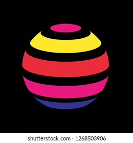 Abstract globe stripes sphere, 3d style striped globe icon effect. Colorful ball logo in dark background. Rainbow in earth shape. Vector illustration. It can use as logo, icon, banner, business card.