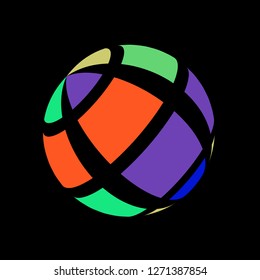 Abstract globe stripes sphere, 3d style striped globe icon effect. Colorful ball logo in dark background. Rainbow in earth shape. Vector illustration. It can use as logo, icon, banner, business card.