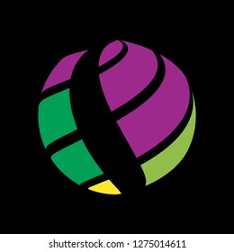 Abstract globe stripes sphere, 3d style striped globe icon effect. Colorful ball logo in dark background. Rainbow in earth shape. Vector illustration. It can use as logo, icon, banner, business card.