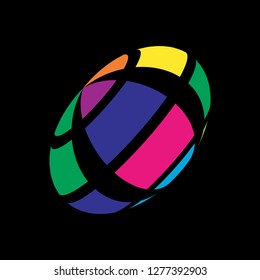 Abstract globe stripes sphere, 3d style striped globe icon effect. Colorful ball logo in dark background. Rainbow in earth shape. Vector illustration. It can use as logo, icon, banner, business card.