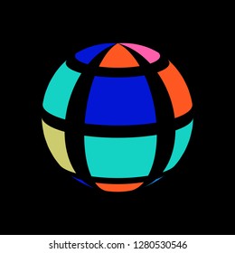 Abstract globe stripes sphere, 3d style striped globe icon effect. Colorful ball logo in dark background. Rainbow in earth shape. Vector illustration. It can use as logo, icon, banner, business card.