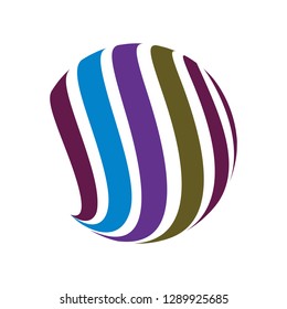 Abstract globe stripes sphere, 3d style striped globe icon effect. Colorful lines in dark background. Rainbow earth shape. Vector illustration. It can use as logo, icon, banner, business card.