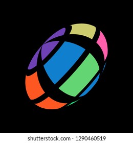 Abstract globe stripes sphere, 3d style striped globe icon effect. Colorful ball logo in dark background. Rainbow in earth shape. Vector illustration. It can use as logo, icon, banner, business card.