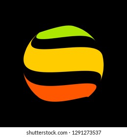 Abstract globe stripes sphere, 3d style striped globe icon effect. Colorful ball logo in dark background. Rainbow in earth shape. Vector illustration. It can use as logo, icon, banner, business card.