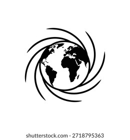Vector Abstractas del remolino del globo que representa la conexión global, la comunicación mundial, la red internacional, y el movimiento digital en diseño plano negro limpio para la tecnología, el negocio, y el uso moderno de la marca.