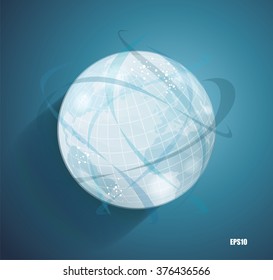 Abstract globe symbol with smooth vector shadows and  map of the continents of the world, isolated vector icon, internet and social network concept