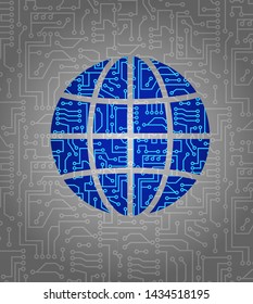 Abstract globe symbol/silhouette, blue background with high tech circuit board, vector illustration pattern