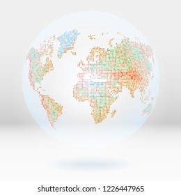 Abstract globe or world map located on the background of 3D rooms. Dotted style vector illustration