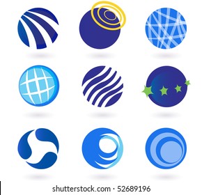Abstract globes, spheres, circles earth vector icons - blue. Set of vector modern abstract design elements with globes, spheres, circles and earth symbols.