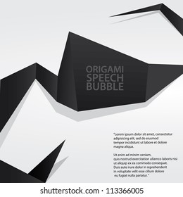 Abstract glossy black origami speech bubble. Vector dark abstract background.
