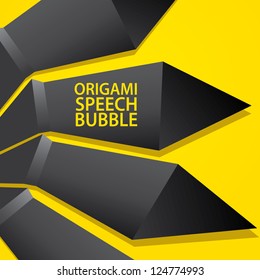 Abstract glossy black origami speech bubble on orange background. Vector abstract cover background. Orange stylish brochure for text and advertising. Paper background.