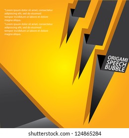 Abstract glossy black origami speech bubble on orange background. Vector abstract cover background. Orange stylish brochure for text and advertising. Paper background.