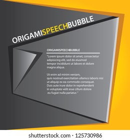 Abstract glossy black origami speech bubble on orange background. Vector abstract cover background. Orange stylish brochure for text and advertising. Paper background.