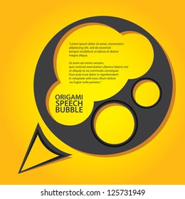 Abstract glossy black origami speech bubble on orange background. Vector abstract cover background. Orange stylish brochure for text and advertising. Paper background.
