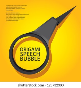 Abstract glossy black origami speech bubble on orange background. Vector abstract cover background. Orange stylish brochure for text and advertising. Paper background.