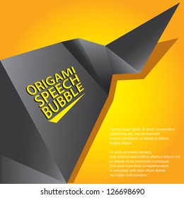 Abstract glossy black origami speech bubble on orange background. Vector abstract cover background. Orange stylish brochure for text and advertising. Paper background.