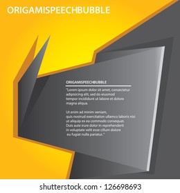Abstract glossy black origami speech bubble on orange background. Vector abstract cover background. Orange stylish brochure for text and advertising. Paper background.