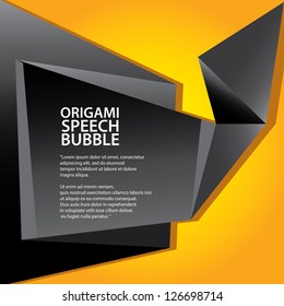 Abstract glossy black origami speech bubble on orange background. Vector abstract cover background. Orange stylish brochure for text and advertising. Paper background.