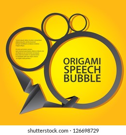 Abstract glossy black origami speech bubble on orange background. Vector abstract cover background. Orange stylish brochure for text and advertising. Paper background.