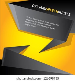 Abstract glossy black origami speech bubble on orange background. Vector abstract cover background. Orange stylish brochure for text and advertising. Paper background.