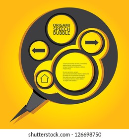 Abstract glossy black origami speech bubble on orange background. Vector abstract cover background. Orange stylish brochure for text and advertising. Paper background.