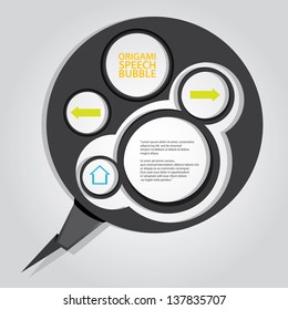 Abstract glossy black origami speech bubble on grey background. Vector abstract cover background. Black and white stylish brochure for text and advertising. Paper background.