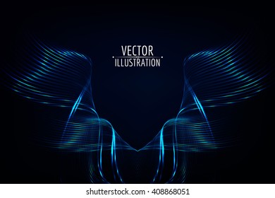 Abstract glossy blue wave in dark. Bright curve lines. Vector graphic background.