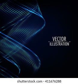 Abstract glossy blue wave in dark. Bright curve lines. Vector graphic background.