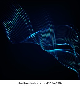 Abstract glossy blue wave in dark. Bright curve lines. Vector graphic background.