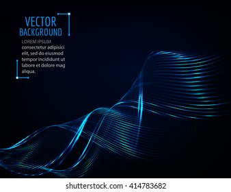 Abstract glossy blue wave in dark. Bright curve lines. Vector graphic background.