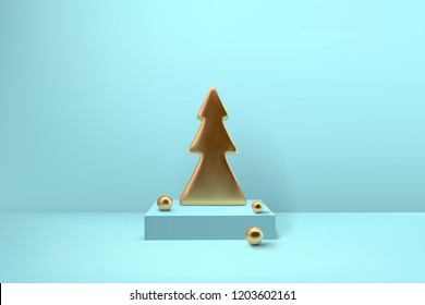 Abstract glossy Christmas decorations. Golden coil metallic tree and sphere geometric shapes on podium. New year and xmas decoration concept. 3d minimal pastel colored background