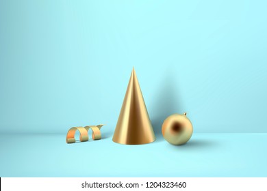 Abstract glossy Christmas decprations. Golden coil metallic spiral ribbon, cone and sphere geometric shapes.  New year and xmas decoration concept. 3d minimal pastel colored background