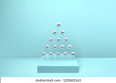 Abstract glossy Christmas tree made of silver metallic sphere geometric shapes on podium. New year and xmas decoration concept. 3d minimal pastel colored background