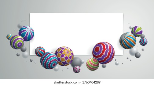 Abstract glossy realistic spheres vector background with blank paper sheet, composition of flying balls decorated with patterns, 3D mixed realistic globes, realistic depth of field effect.