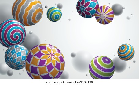 Abstract glossy realistic spheres vector background with blank copy space, composition of flying balls decorated with patterns, 3D mixed realistic globes, realistic depth of field effect.